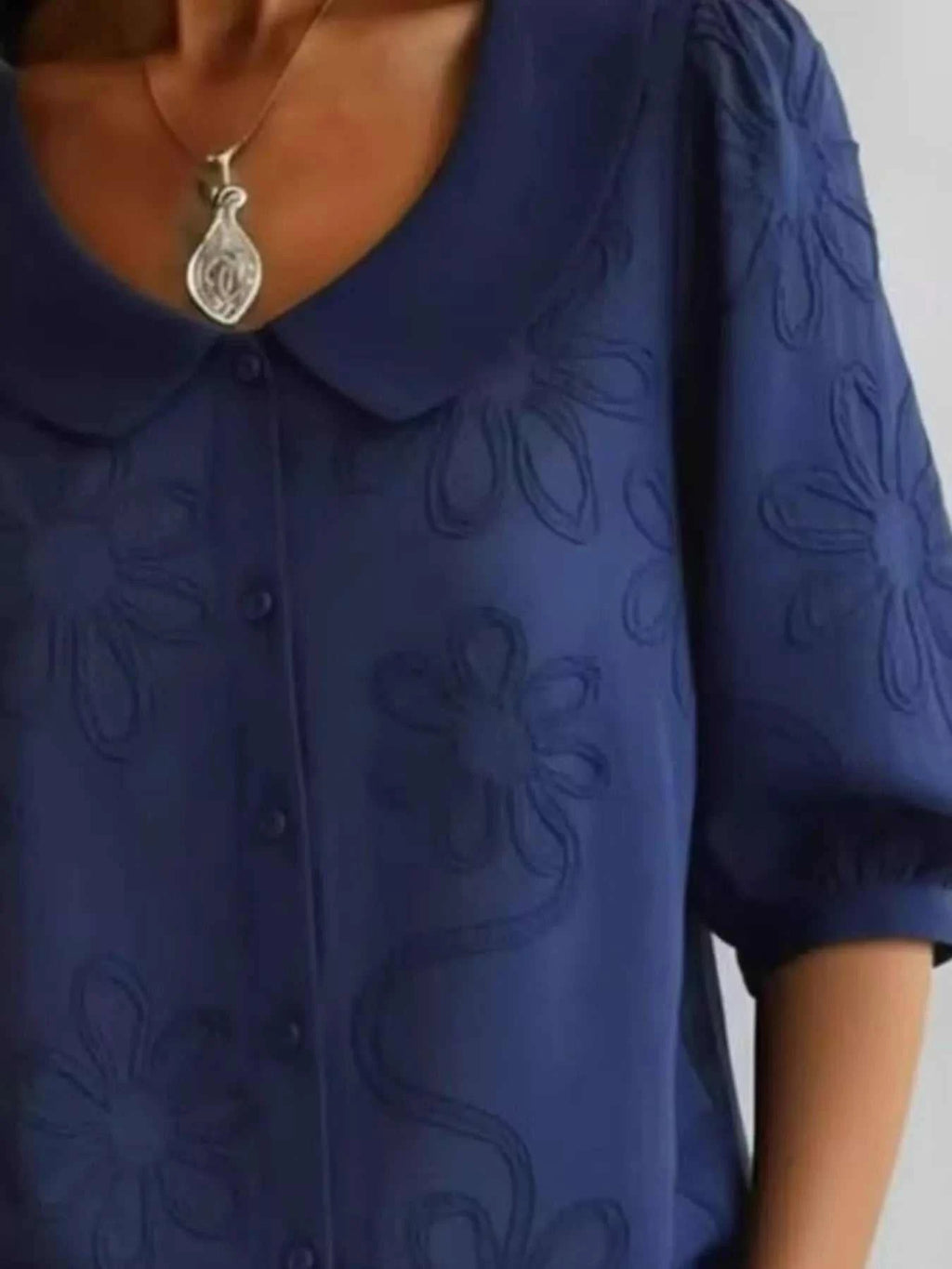Full Size Flower Puff Sleeve Shirt Plus Size - GlowUp Garments