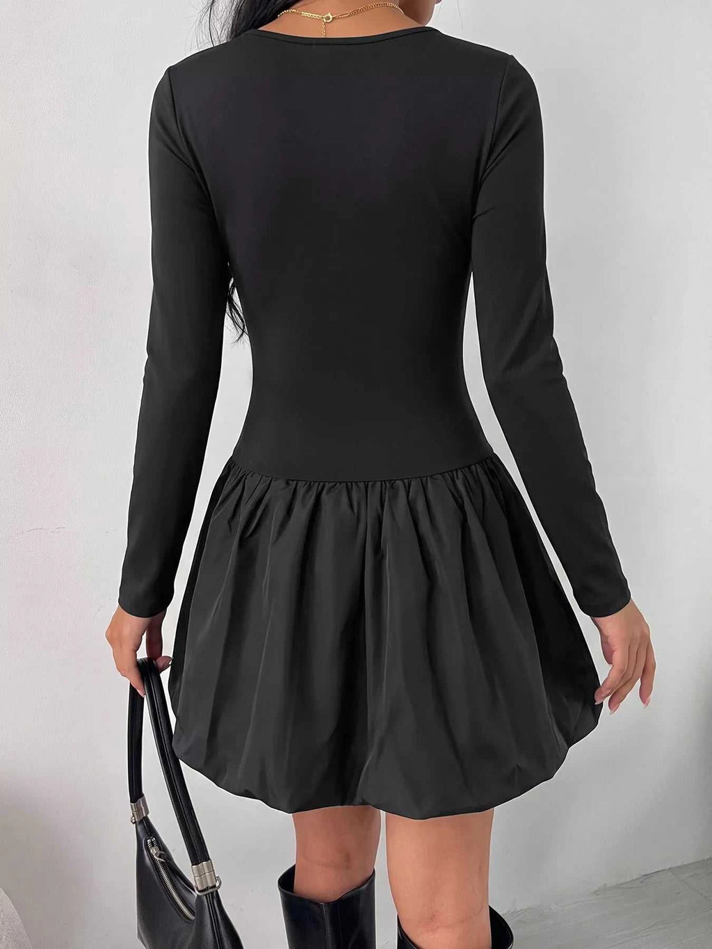 Square Neck Long Sleeve Bubble Hem Dress - GlowUp Garments