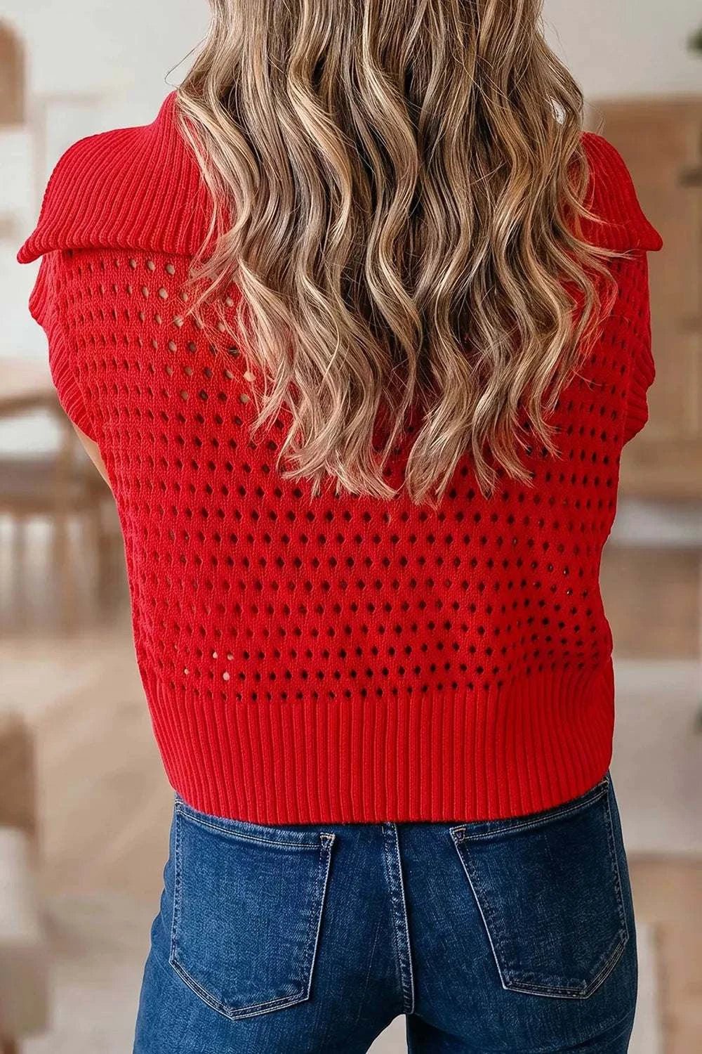 Openwork Quarter-Zip Knit Top - GlowUp Garments