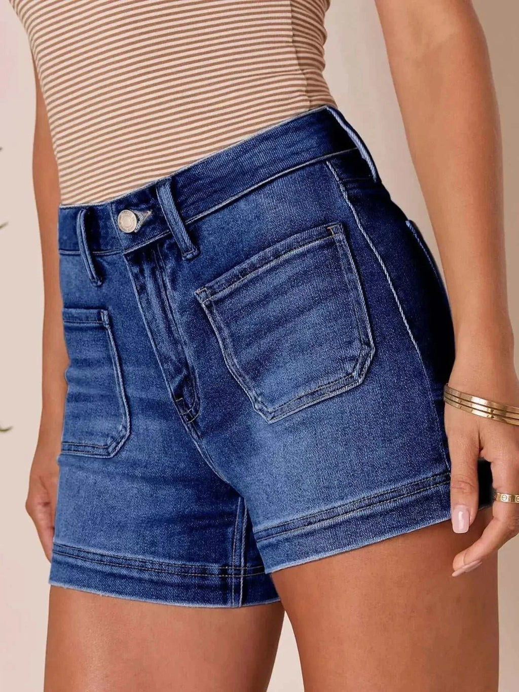 High-Waisted Pocketed Denim Shorts - GlowUp Garments