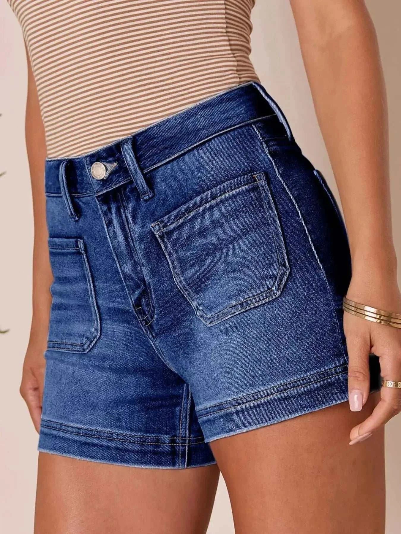 High-Waisted Pocketed Denim Shorts - GlowUp Garments