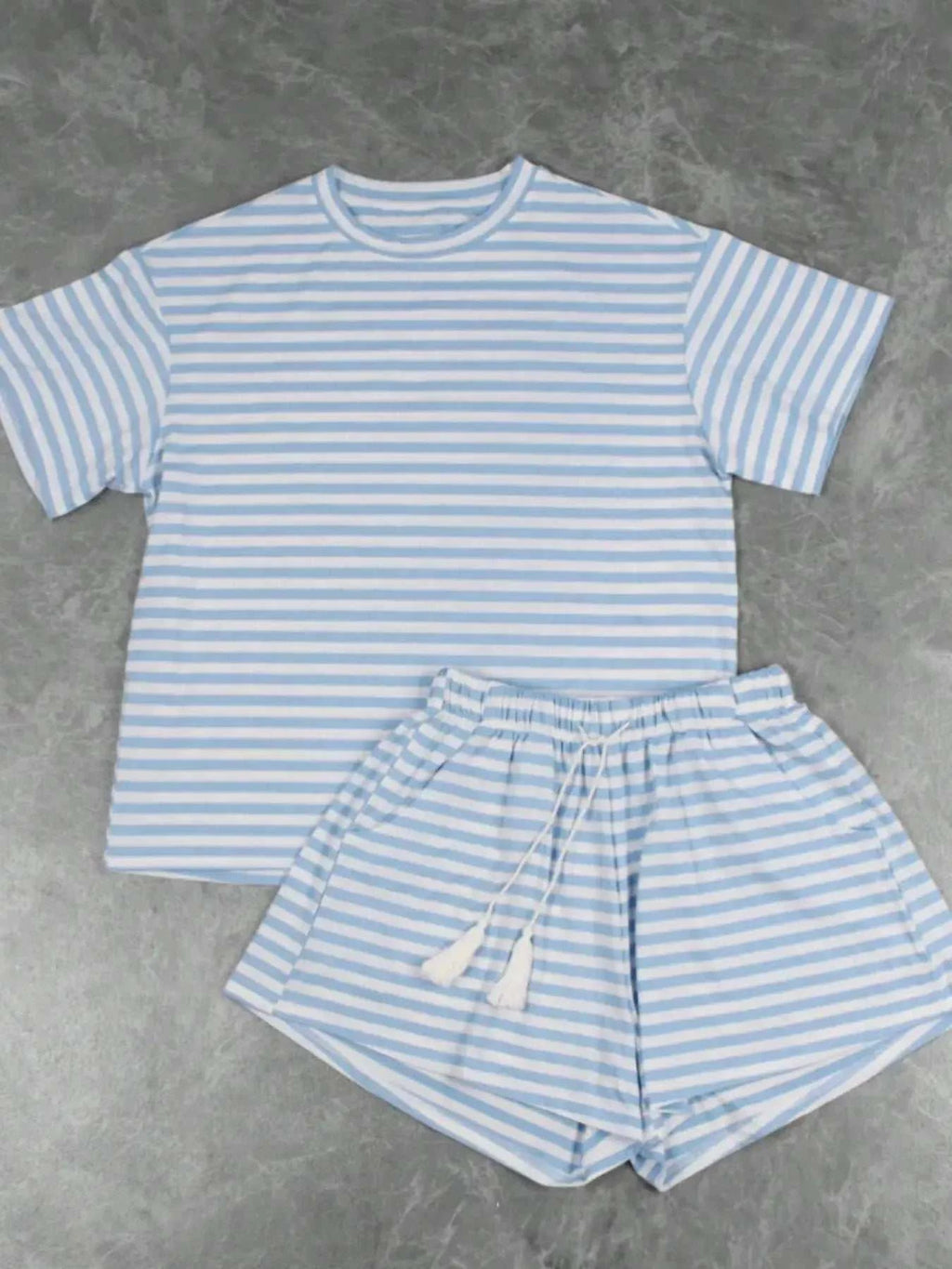 Striped Short Sleeve Tee and Drawstring Shorts Set - GlowUp Garments