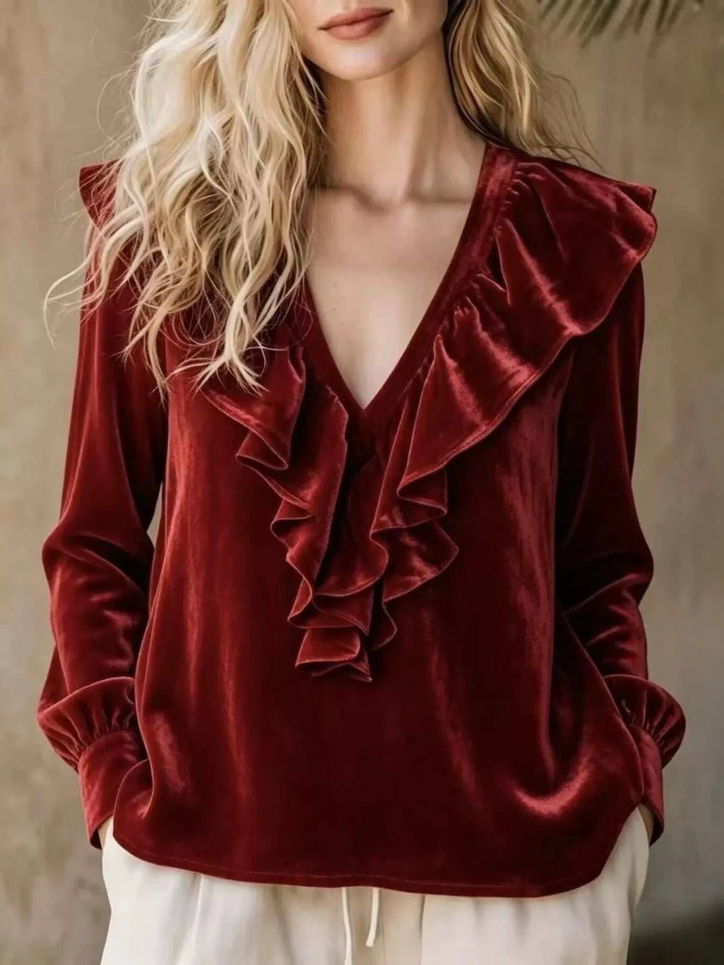 Full Size Ruffled V-Neck Long Sleeve Blouse Plus Size - GlowUp Garments