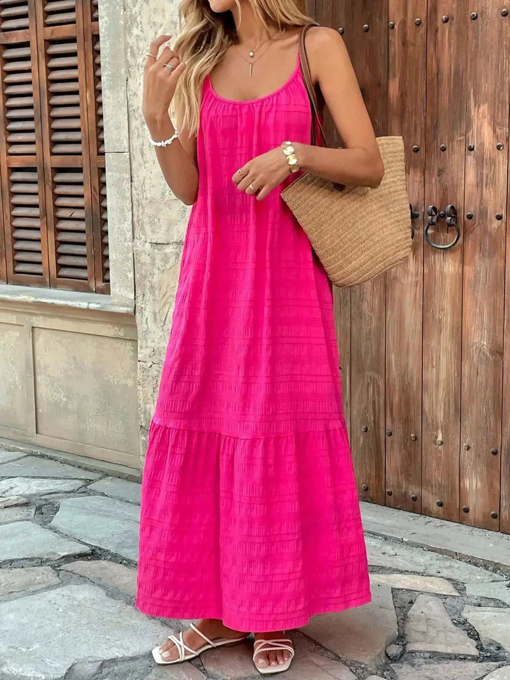 Scoop Neck Tiered Maxi Cami Dress - GlowUp Garments