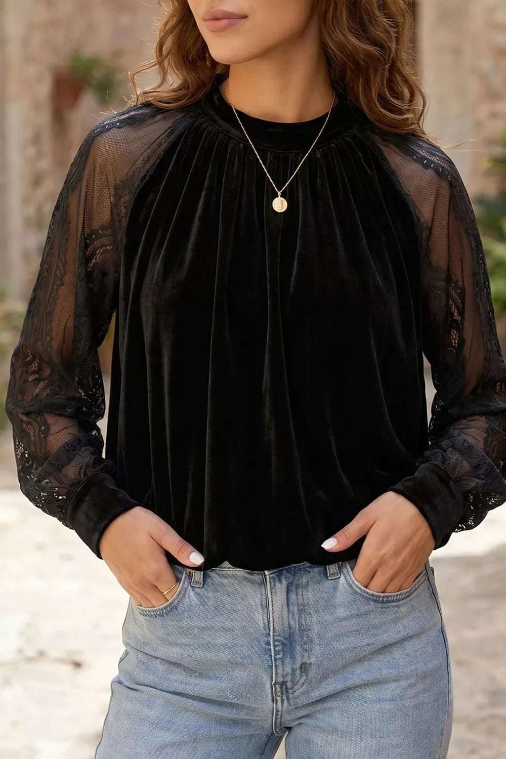 Elegant Velvet Blouse with Sheer Lace Sleeves - GlowUp Garments