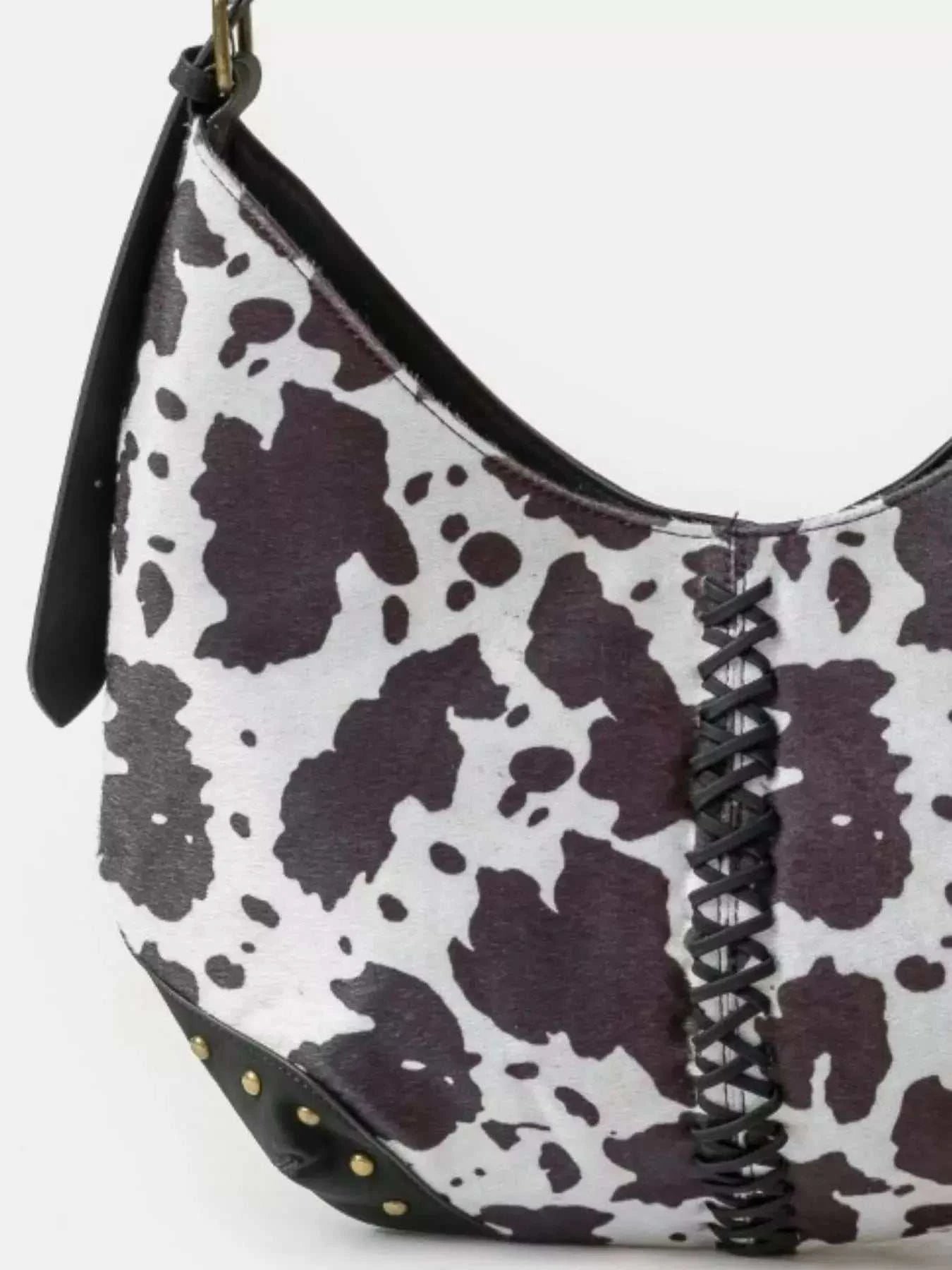 Cow Print Hobo Shoulder Bag with Studded Details - GlowUp Garments