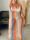 Striped Crochet Cover-Up Dress with Fringe - GlowUp Garments