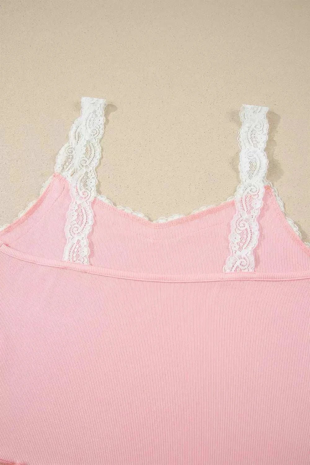 Ribbed Knit Lace Straps Patchwork Lettuce Hem Cropped Top Floral Short Lounge Set - GlowUp Garments