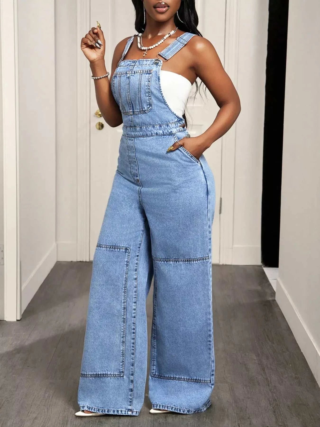 Wide Strap Wide Leg Denim Overalls - GlowUp Garments