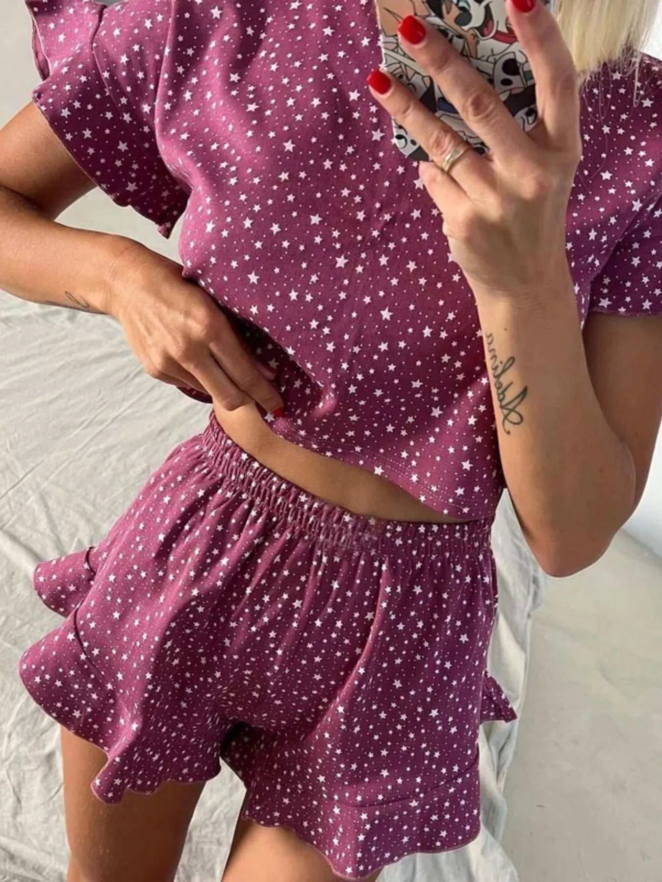 Printed Crop Top and Ruffled Shorts Lounge Set - GlowUp Garments