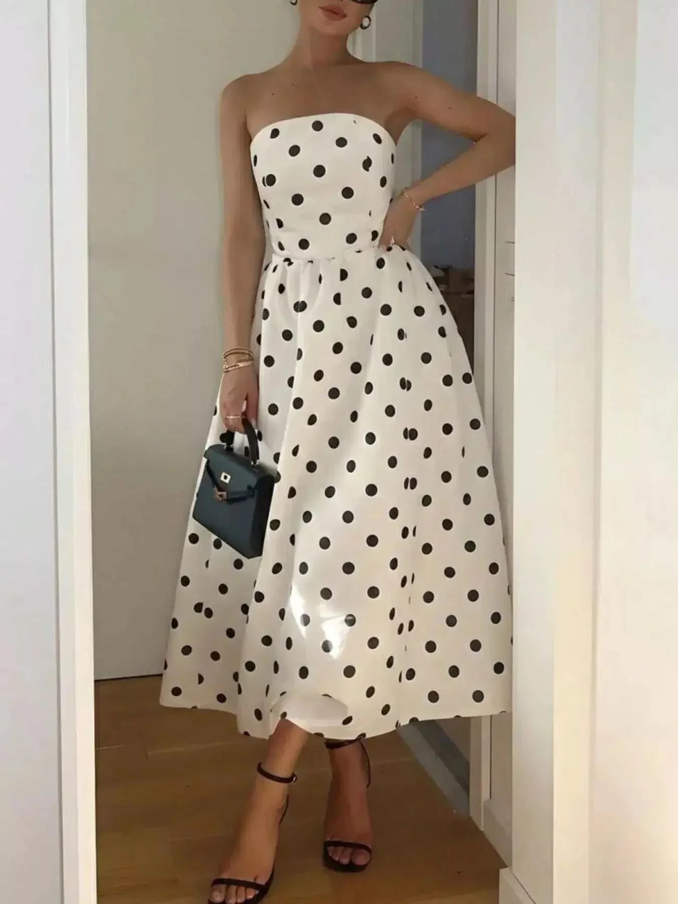 Polka Dot Strapless Midi Dress - GlowUp Garments