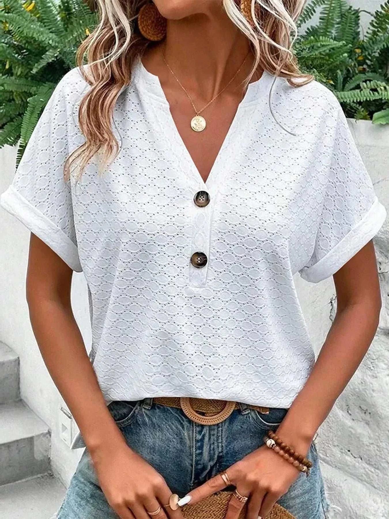 Notched Short Sleeve Top - GlowUp Garments