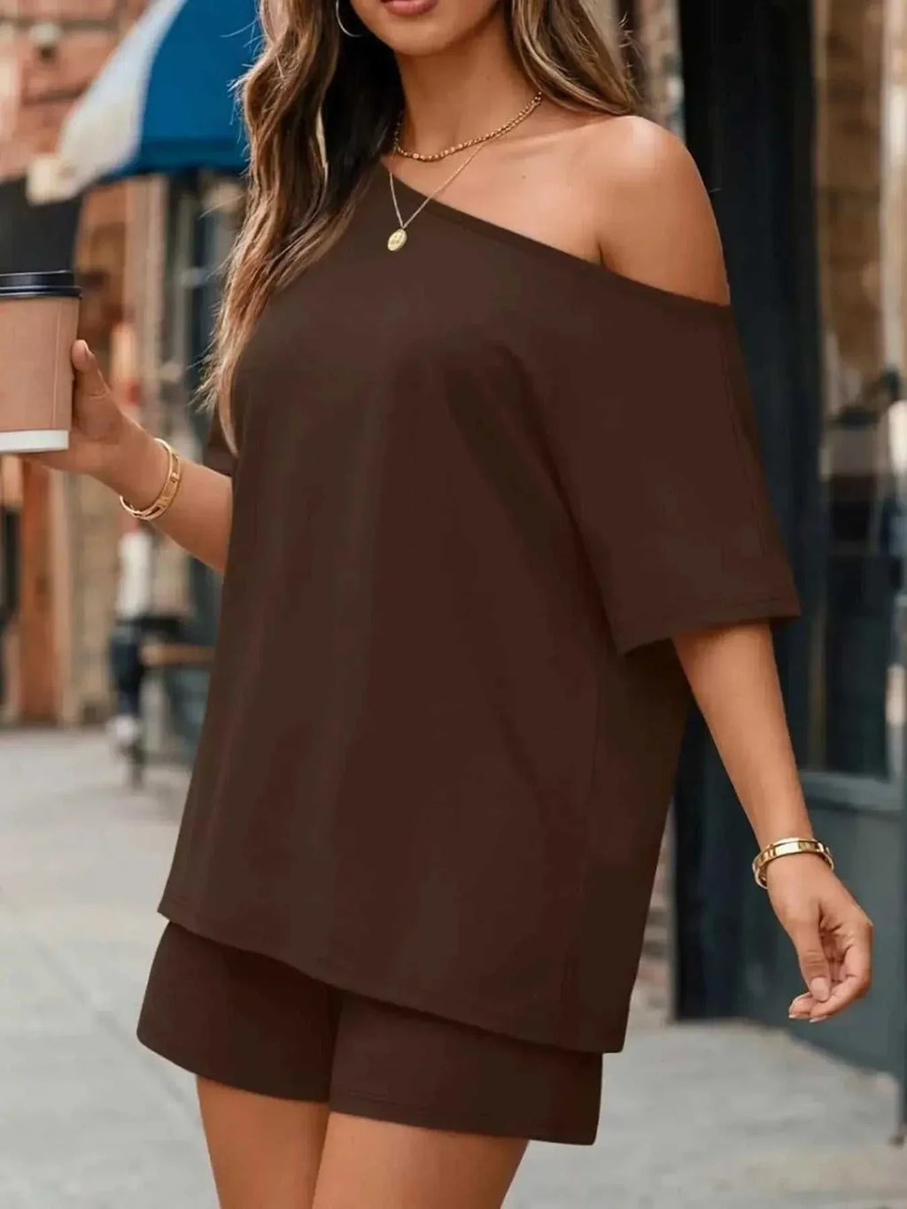 Full Size One Shoulder Top and Shorts Set Plus Size - GlowUp Garments