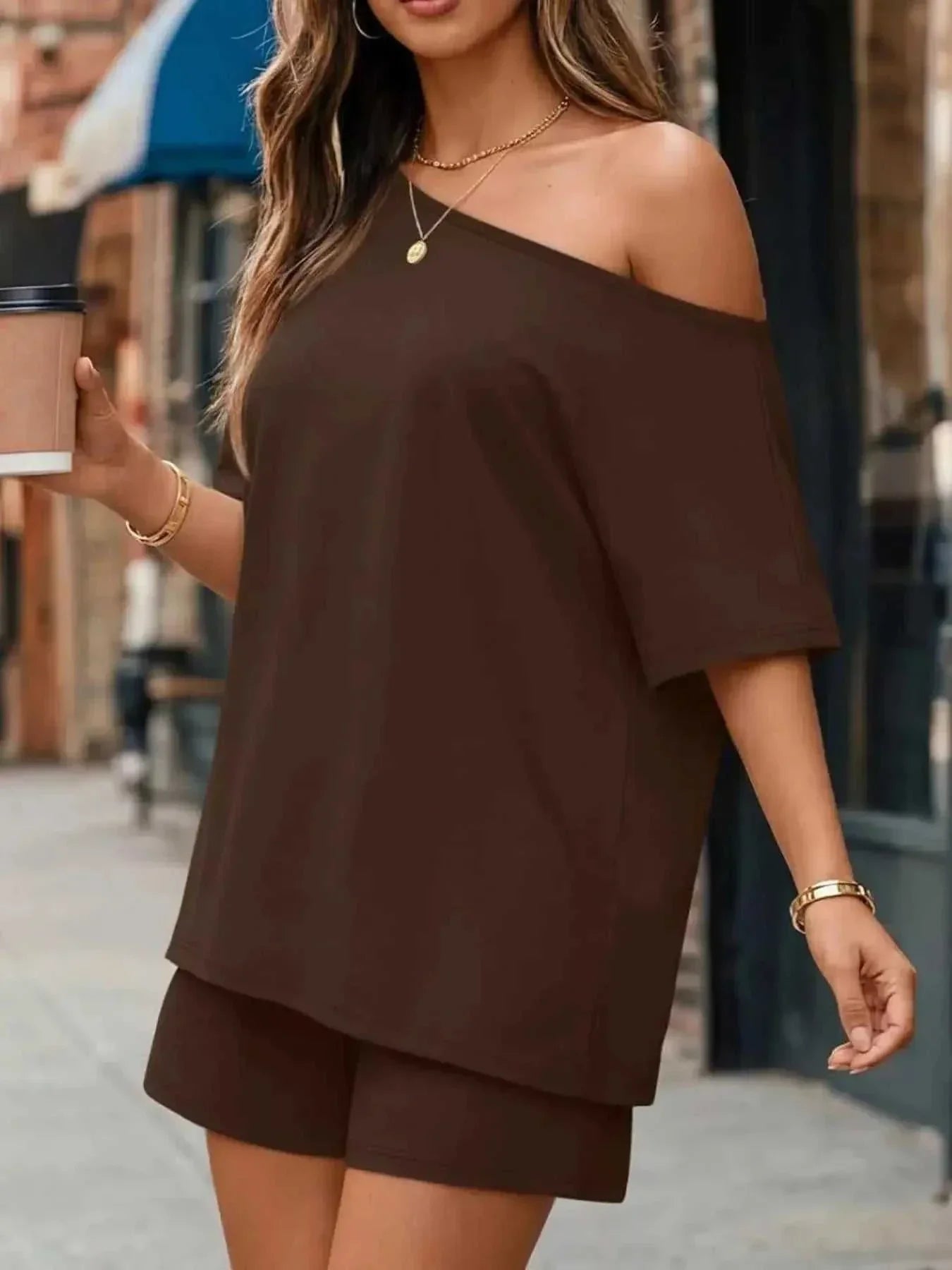 Full Size One Shoulder Top and Shorts Set Plus Size - GlowUp Garments