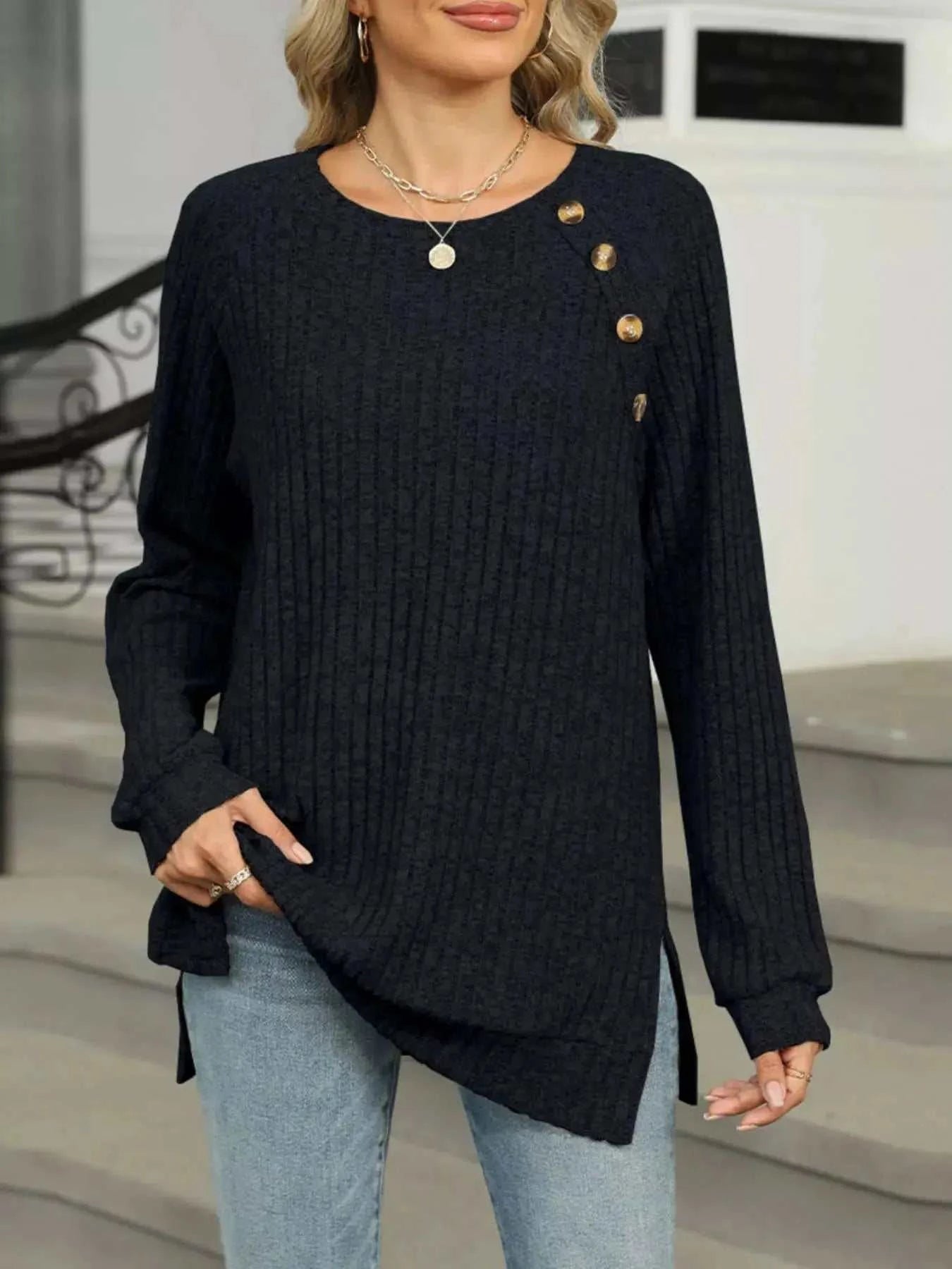 Round Neck Side Slit Ribbed Knit Top with Asymmetric Button Detail - GlowUp Garments