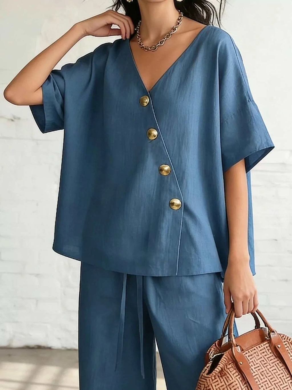 Full Size Surplice Half Sleeve Top and Wide-Leg Pants Set Plus Size - GlowUp Garments
