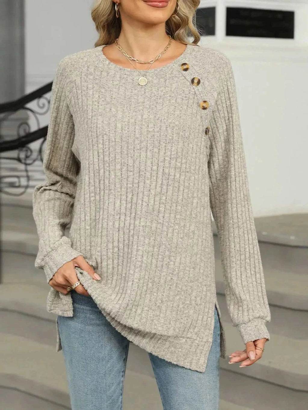 Round Neck Side Slit Ribbed Knit Top with Asymmetric Button Detail - GlowUp Garments