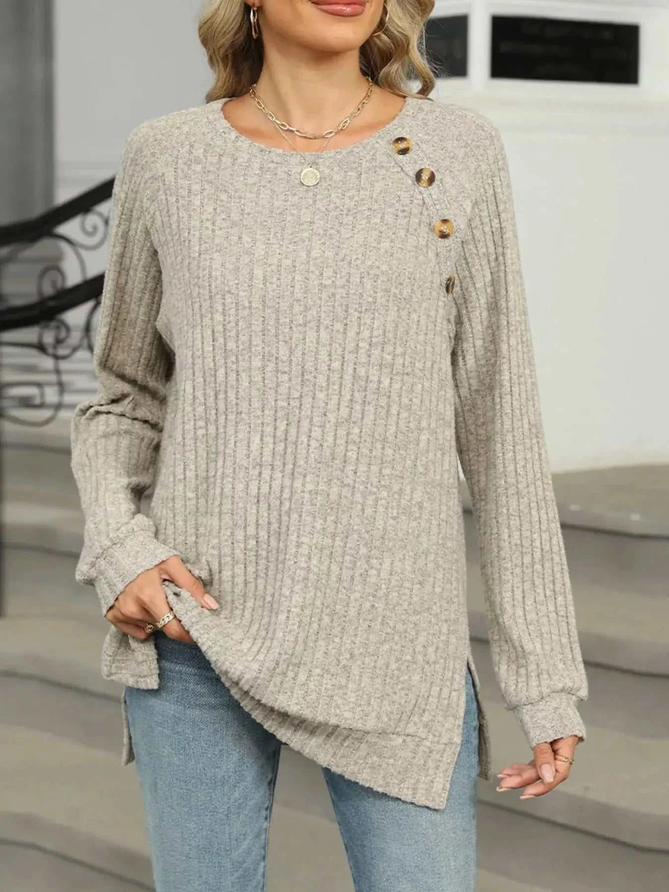 Round Neck Side Slit Ribbed Knit Top with Asymmetric Button Detail - GlowUp Garments