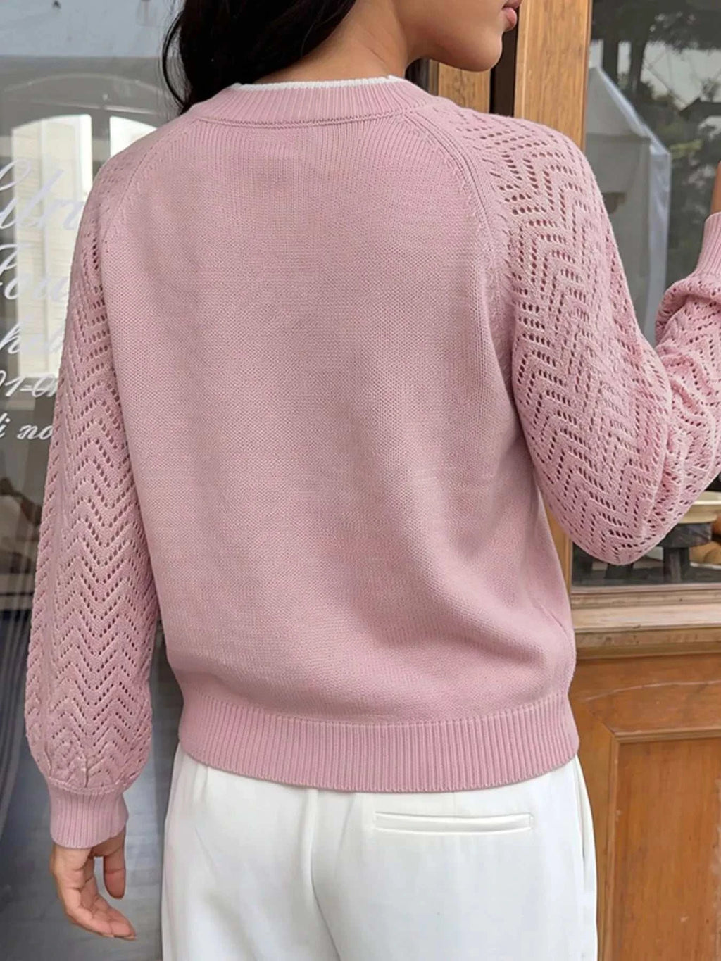 V-Neck Openwork Long Sleeve Sweater - GlowUp Garments