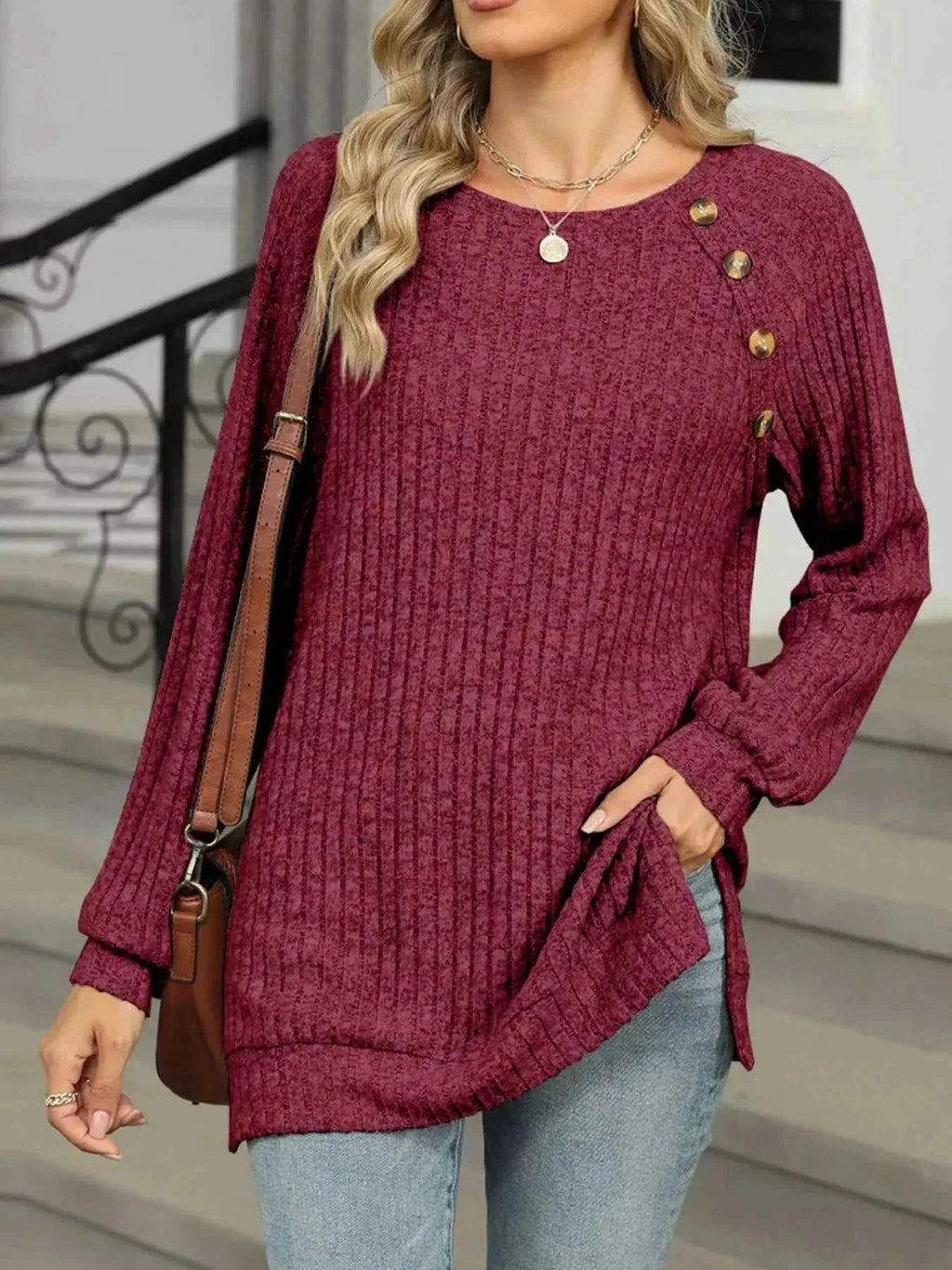 Round Neck Side Slit Ribbed Knit Top with Asymmetric Button Detail - GlowUp Garments