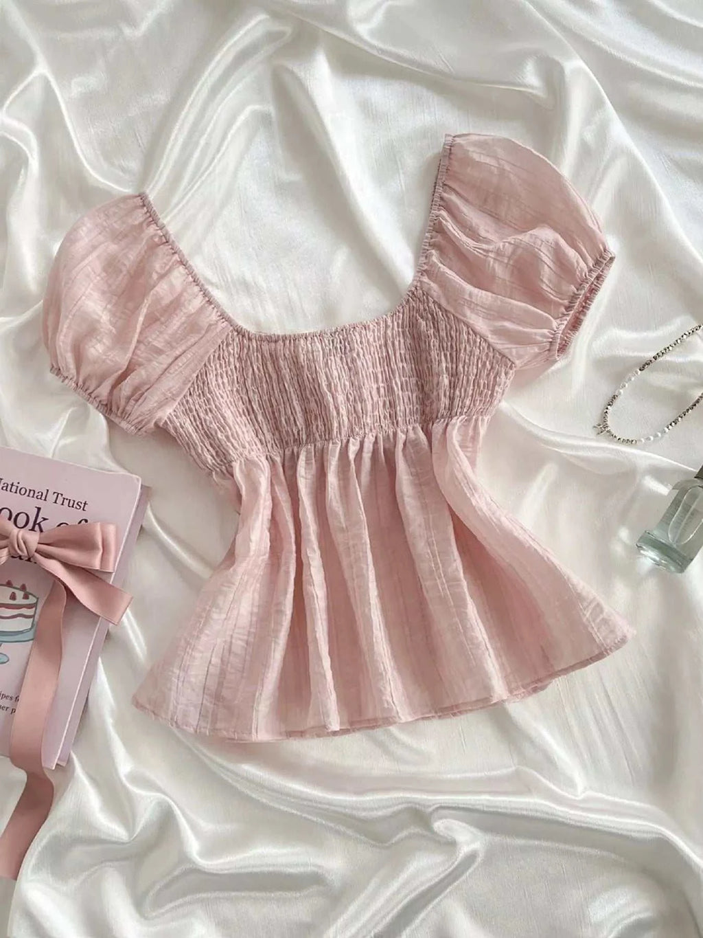 Sweetheart Neck Puff Sleeve Smocked Blouse - GlowUp Garments