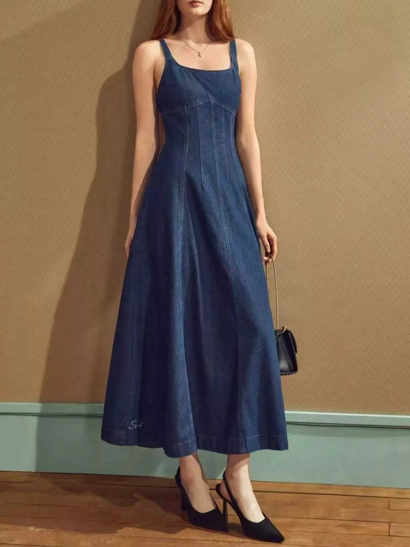 Square Neck A-Line Denim Dress - GlowUp Garments