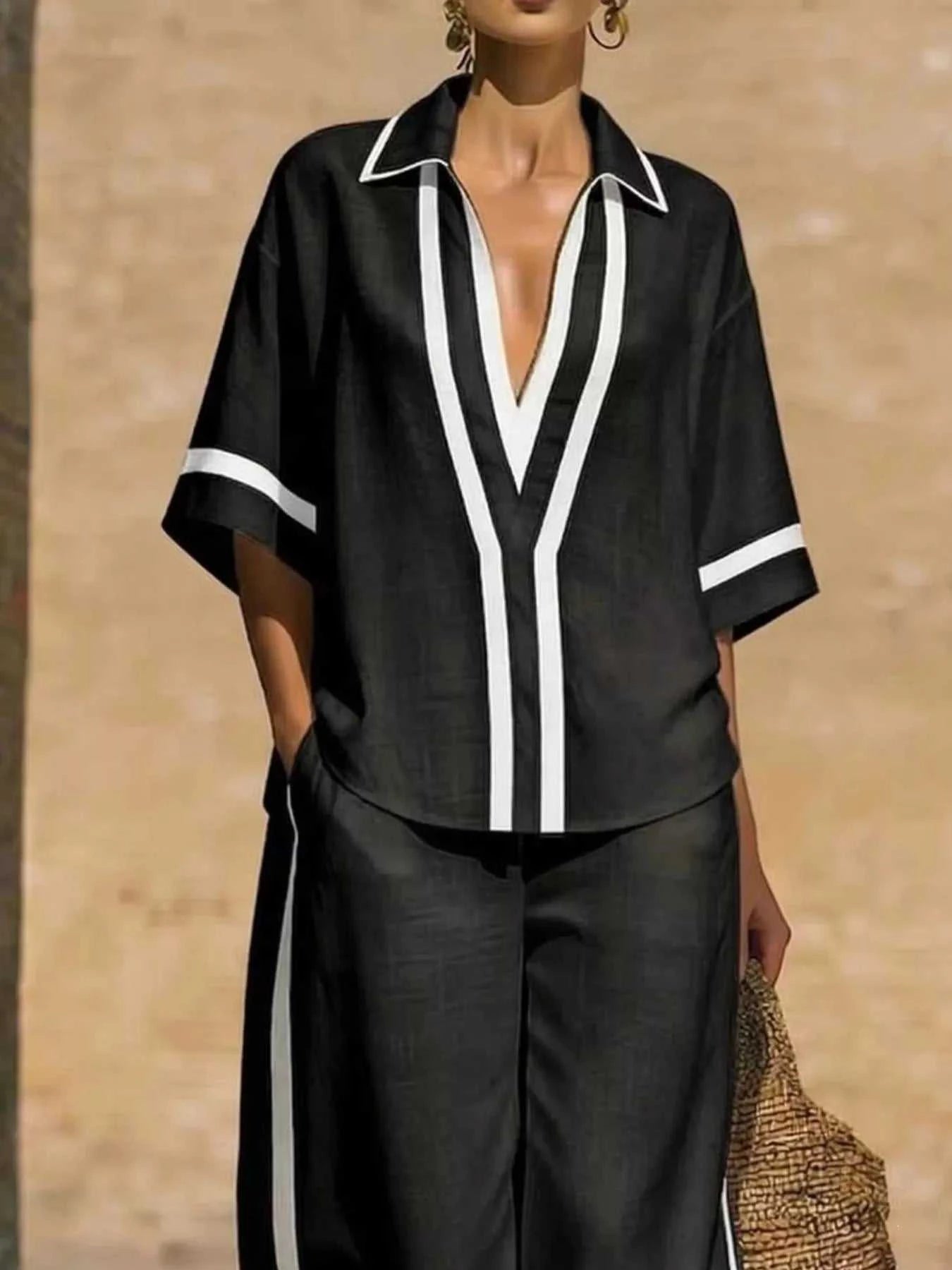 Full Size Contrast Trim Top and Pants Set Plus Size - GlowUp Garments