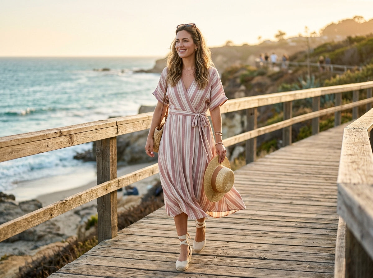 Woman in striped dress with accessories on a coastal boardwalk