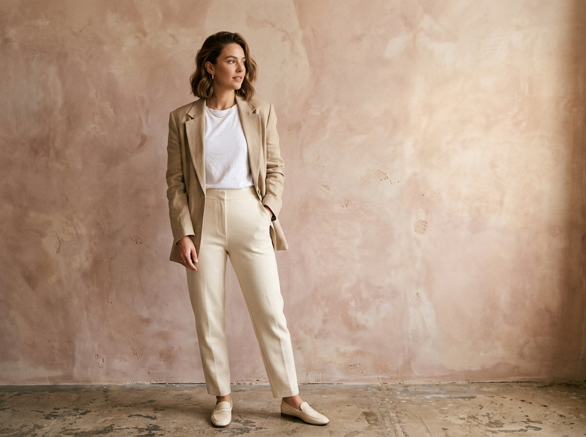 Editorial fashion hero — woman in beige blazer and cream trousers